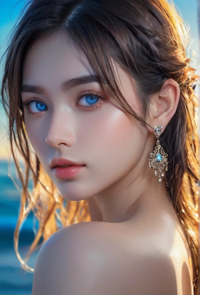 1 beautiful young woman, extremely detailed eyes and face, long eyelashes, medium length hair with bangs, topless, high quality, best quality, masterpiece, formal art, beauty:1.2, 1girl:1.3, fractional art:1.3, bright blue ocean eyes