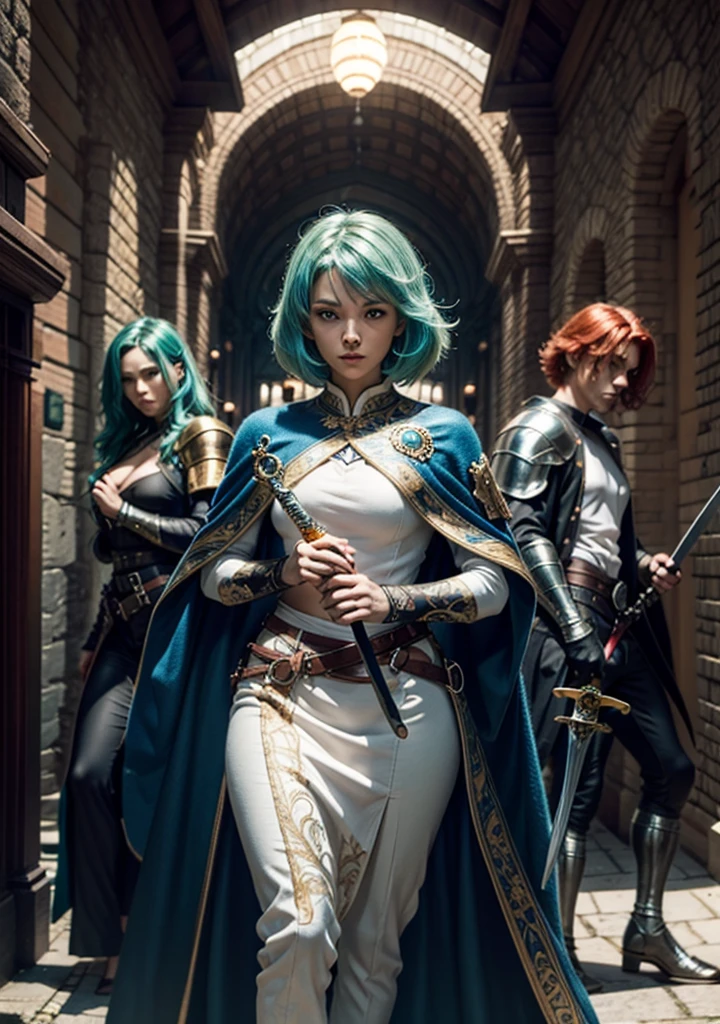 (((3 friends, 2 men, 1 woman) :2, Medieval world): 2). ((redhead woman, blue eyes, White shirt, blue skirt, sword in hand. Homem moreno de blue eyes escuro, villager outfit and holds glowing white sphere. green hair man, jumpsuit and holds bright blue sphere. Red eyes with fluctuating energies, medieval city): 2). extremely detaild, 8k, HdR, natural light, cinematic lighting, masterpiece-anatomy-perfect, ultra HD, raw photo, professional, ultra-fine painting, perfect body proportions, Anatomically correct, UHD, real texture material, anti-aliasing, FKA, THAI, SSAO, Post processing, Post Production, Tone Mapping, cgi, VFX, SFX, Hyper maximalist, volumetric, ultra photorealultra-detailed intricate details.