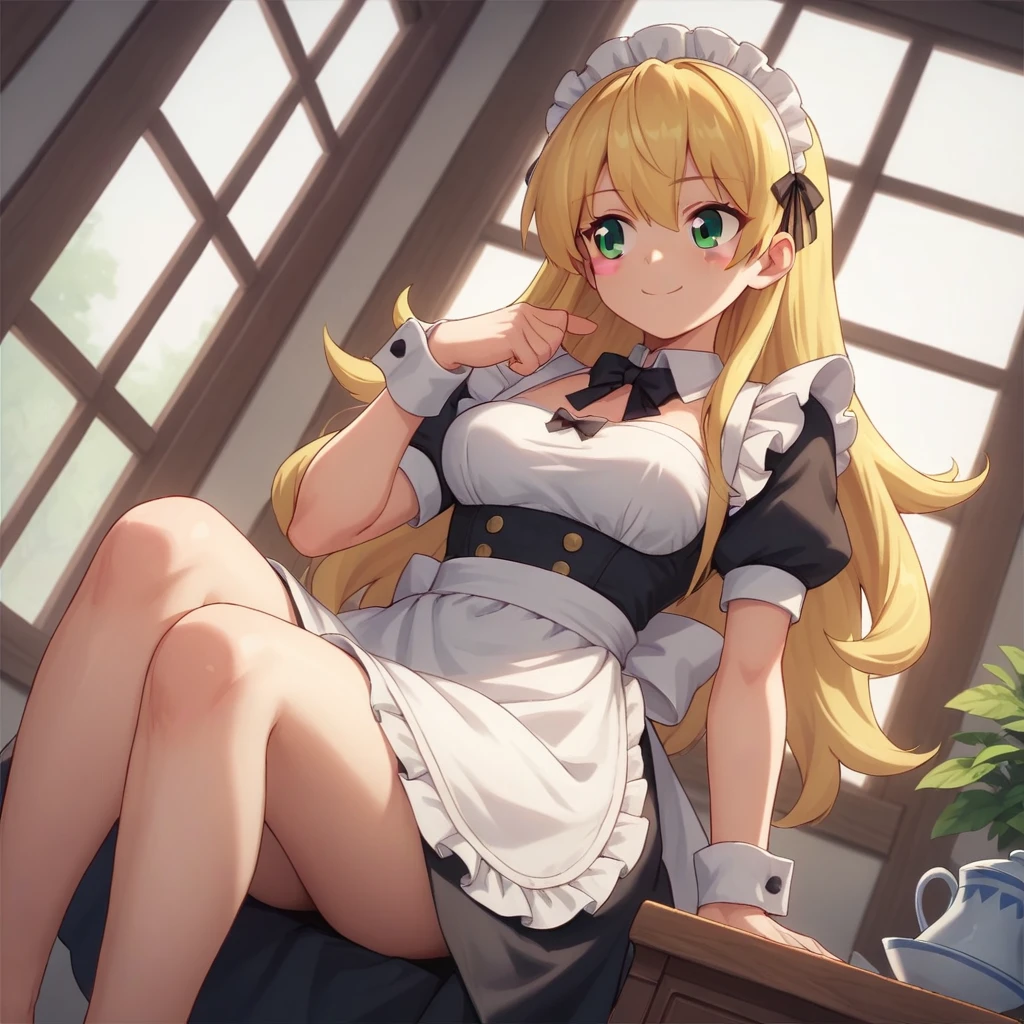 1girl, blamagi,blonde hair, green eyes, long hair, medium breasts,blush stickers,maid,maid headdress, maid apron, dutch angle, feet out of frame, looking away, teasing smile, dormitory, closed mouth, masterpiece, best quality,
