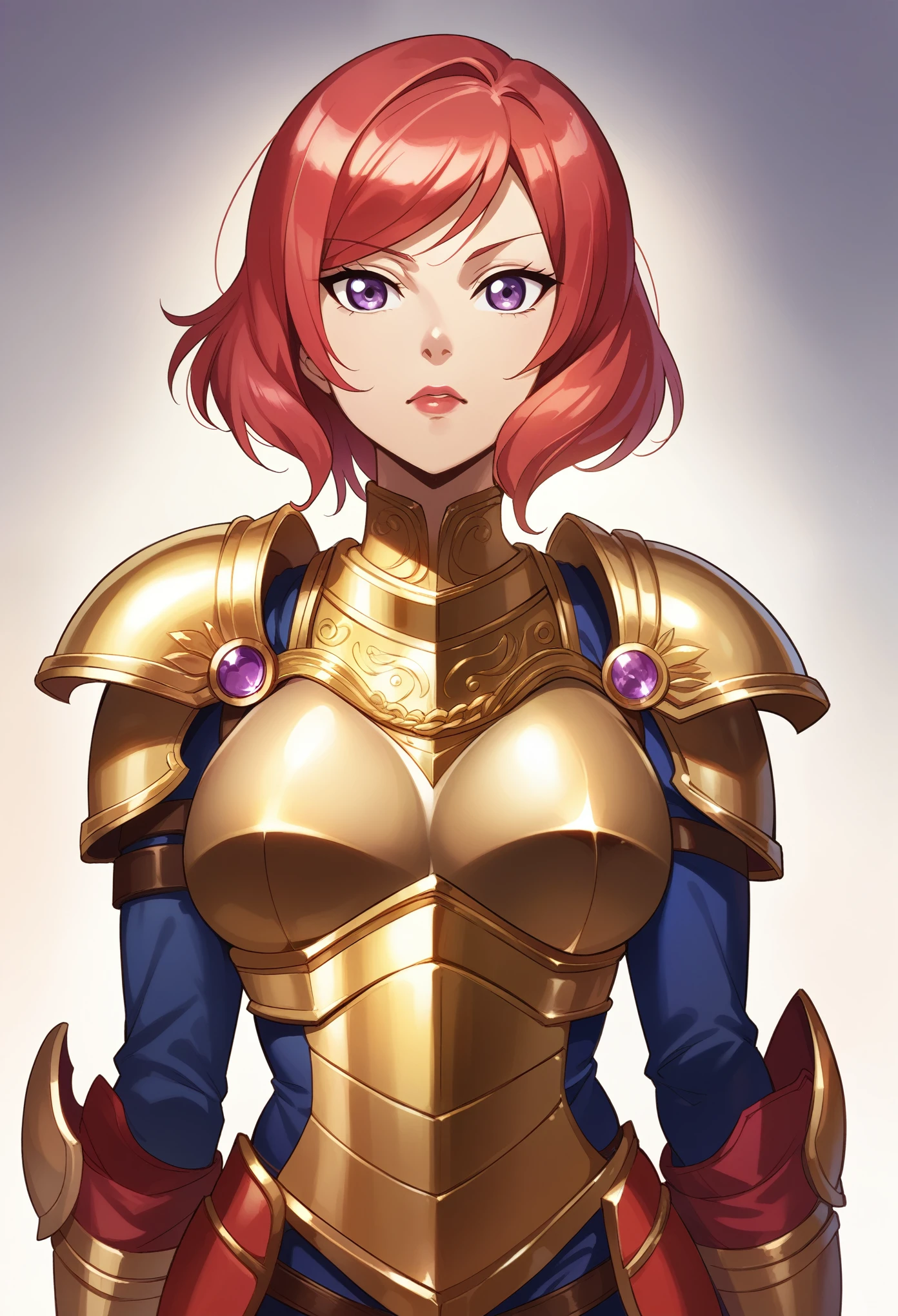 Nishikino maki, Purple eyes, red hair, short hair,(armor:1.2),Golden Armor , llchar,  upper body,solo, big breasts,(lipstick:0.7)