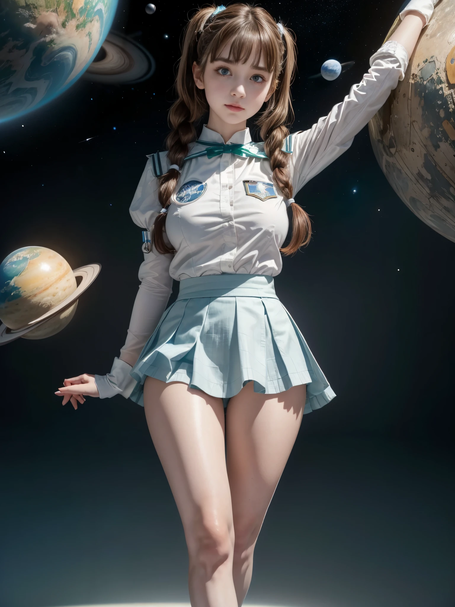 ((RAW photo), absurdities, (absurdresolution)), masterpiece, best quality, (Extremely detailed 8k unity CG wallpaper), (best illustration), (best shadow), absurdities, Realistic lighting, beautiful detailed glow, ((the cutest girl in space cadet uniform, blue straight skirt, white buttoned shirt, open blue shoe, bangs)), (((ringed greenish planet background))), (slightly bent leg), arms on waist, white gloves, looking intently to the side, slight smile, flirtatious (brown hair, tied ends, two pigtails), (light gray eyes, perfect pupil)