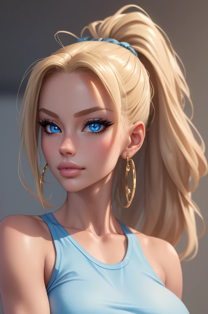 (masterpiece, best quality, ultra-detailed, highres, 4k),(beautiful detailed eyes),(very detailed face),(1girl),HDR,long hair, blue eyes, blonde hair, bracelet, sports bra, jewelry, watch, lips, solo focus, nail polish, ponytail, blurry background, smirk, wristwatch, realistic ,nude