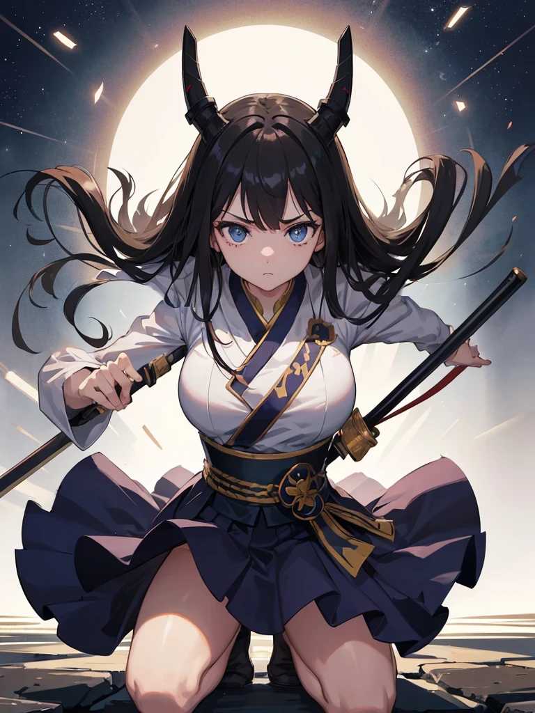 (Highest quality、High resolution、8k、masterpiece:1.2)。Her eyes were shining like stars、Squat、squat。Battle Girl、Looking down but eyes looking straight ahead。Aggressive fighting stance。Crouched down and glaring at the viewer。Her bangs are tied up so that her forehead is visible。Using a Japanese sword as a walking stick to support one&#39;s body。1 girl、Hair that stands on end、Twin tails that rise up、Long Hair、Disheveled Hair、Hair swaying in the wind、kimono、kimono、長袖の赤と黒の花柄のkimono、（background：Kyoto、night、Streets bathed in the light of the bathhouse）、Kyoto、period drama、長いkimonoの袖、Holding a Japanese sword、backgroundのぼやけ、Tattoo、Depth of written boundary。Reflection in a puddle。geta、tabi、Showing teeth。smile、sunglasses。hair ornaments。