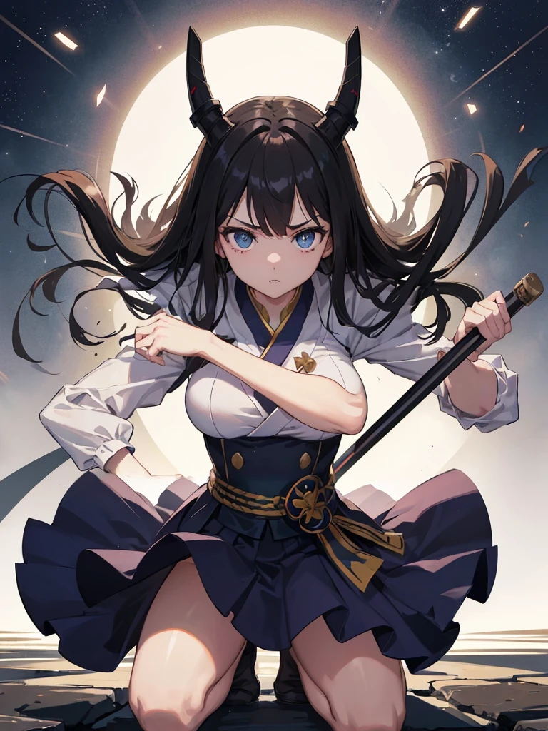 (Highest quality、High resolution、8k、masterpiece:1.2)。Her eyes were shining like stars、Squat、squat。Battle Girl、Looking down but eyes looking straight ahead。Aggressive fighting stance。Crouched down and glaring at the viewer。Her bangs are tied up so that her forehead is visible。Using a Japanese sword as a walking stick to support one&#39;s body。1 girl、Hair that stands on end、Twin tails that rise up、Long Hair、Disheveled Hair、Hair swaying in the wind、kimono、kimono、長袖の赤と黒の花柄のkimono、（background：Kyoto、night、Streets bathed in the light of the bathhouse）、Kyoto、period drama、長いkimonoの袖、Holding a Japanese sword、backgroundのぼやけ、Tattoo、Depth of written boundary。Reflection in a puddle。geta、tabi、Showing teeth。smile、sunglasses。hair ornaments。