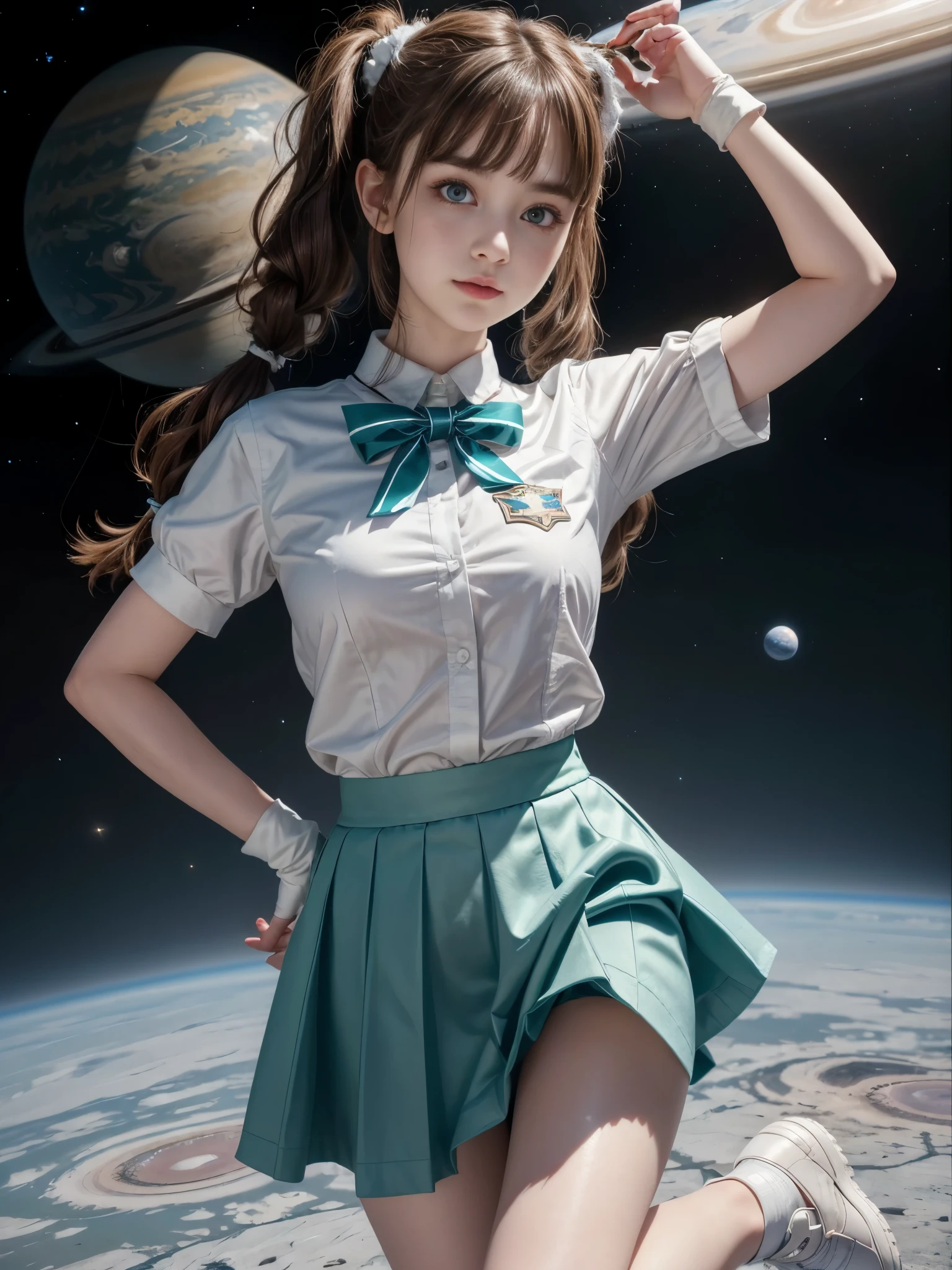 ((RAW photo), absurdities, (absurdresolution)), masterpiece, best quality, (Extremely detailed 8k unity CG wallpaper), (best illustration), (best shadow), absurdities, Realistic lighting, beautiful detailed glow, ((the cutest girl in space cadet uniform, blue straight skirt, white buttoned shirt, open blue shoe, bangs)), (((ringed greenish planet background))), (slightly bent leg), arms on waist, white gloves, looking intently to the side, slight smile, flirtatious (brown hair, tied ends, two pigtails), (light gray eyes, perfect pupil)