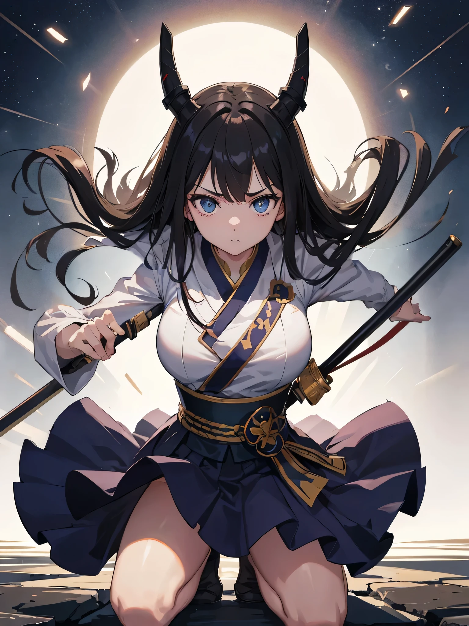 (Highest quality、High resolution、8k、masterpiece:1.2)。Her eyes were shining like stars、squat、squat。Battle Girl、Looking down but eyes looking straight ahead。Aggressive fighting stance。Crouched down and glaring at the viewer。Her bangs are tied up so that her forehead is visible。Using a Japanese sword as a walking stick to support one&#39;s body。1 girl、Hair that stands on end、Twin tails that rise up、Long Hair、Disheveled Hair、Hair swaying in the wind、kimono、kimono、Long sleeve red and black floral kimono、（background：Kyoto、night、Streets bathed in the light of the bathhouse）、Kyoto、period drama、Long kimono sleeves、Holding a Japanese sword、Blurred background、Tattoo、Depth of written boundary。Reflection in a puddle。can、or、Showing teeth。smile、sunglasses。hair ornaments。