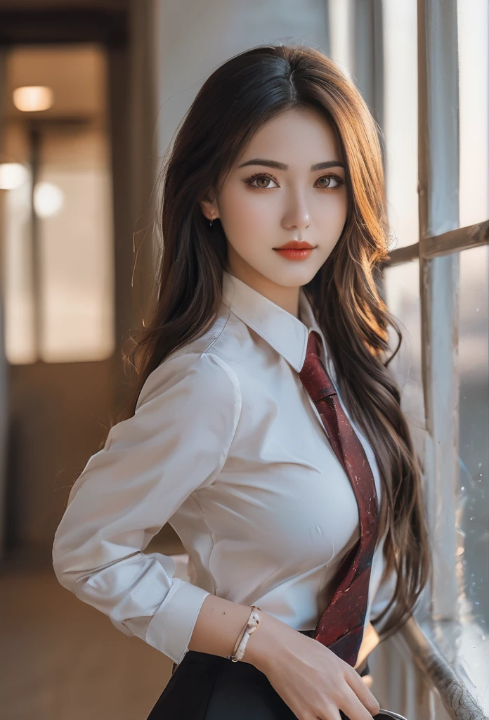 high quality, full body, extremely detailed face, beautiful face, (large eyes:1.1), (makeup:1.2), 25 year old woman, slim figure, small bust, OL uniform, office lady uniform, office attire, black stockings, outdoor setting, standing pose, long hair, nude, nude, nude