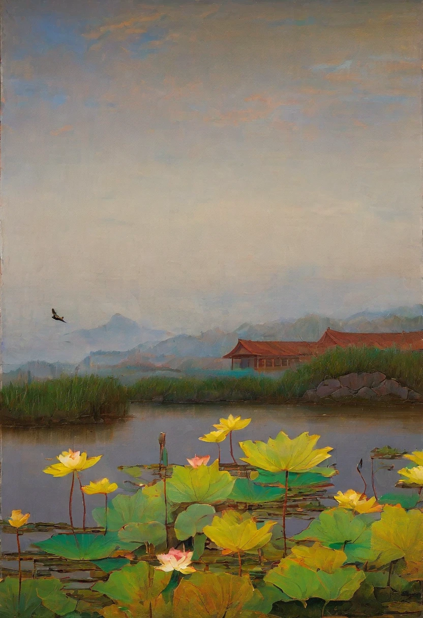 lotus flower, and a bird in the distance, by Miao Fu, by Jin Nong, heise jinyao