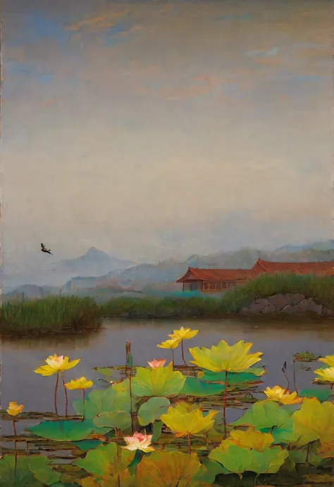 lotus flower, and a bird in the distance, by miao fu, by jin nong, heise jinyao