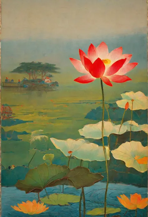 lotus flower, and a bird in the distance, by miao fu, by jin nong, heise jinyao