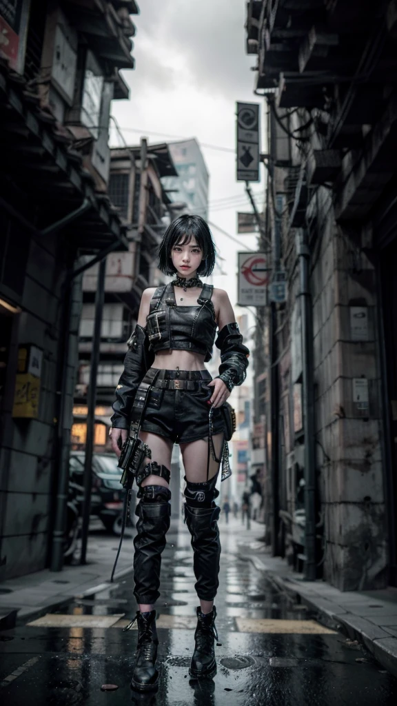 ((beste Qualität)), ((Meisterwerk)), (sehr detailliert:1.3), 3D, Schön (cyberpunk:1.3) Straßen-Samurai-Frau mit dickem, formlosem Haar, Pistolen an der Hüfte getragen.