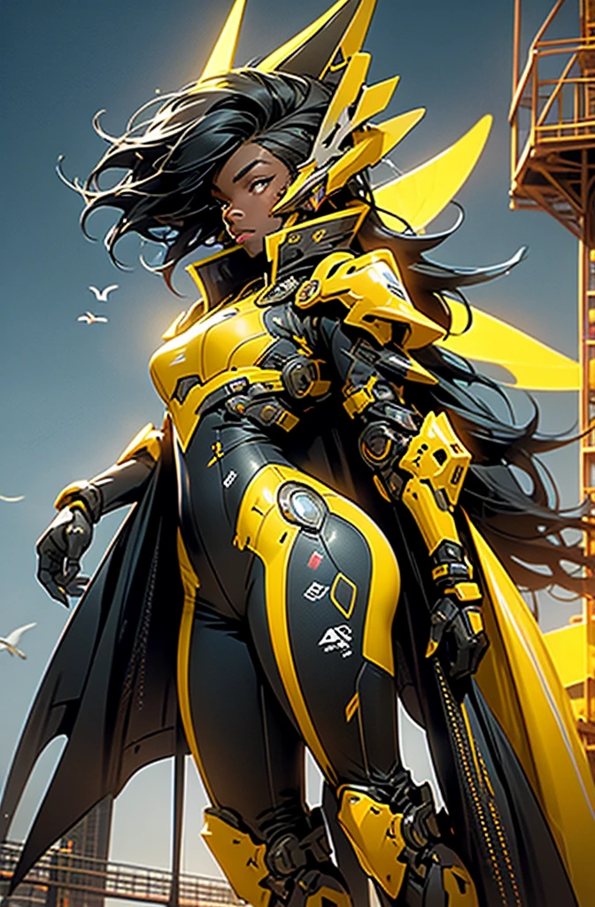 black skin woman jump off on top of tower, wearing armor in yellow color, armor has orange color neon stripes, high tech, background high tower, seagulls, dark sky