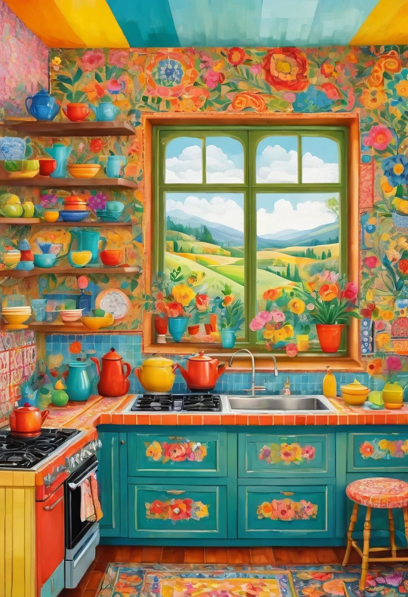 Luxury interior of a kitchen, in the style of folk art - inspired illustrations, patterned paperclippings, detailed, flowers, in the style of patchwork patterns, illustrated by olivia Gibbs, animated mosaics, kitsch and camp charm, bright pastel colours, bold patterned quilts, mixes painting and ceramics, precise, detailed architecture paintings, chalk art, ((cute and dreamy People)), ((humans))