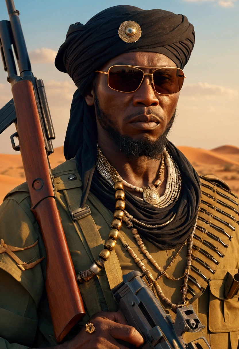 African military man is in the desert in the middle of the sunset, serious expression, wears sunglasses, black turban, many necklaces, belt with bullets, holds a Kalashnikov assault rifle, is in the African savanna, Ultra detailed, hyper realistic, 4k, Ultra detailed image, realistic, Highly detailed, perfect composition, Splendid, Intricately detailed, Incredibly detailed, 8K fine art photography, hyper detailed, Masterpiece, Ultra detailed, hyper realistic, 4k, Ultra image detailed, realistic, highly detailed , perfect composition, gorgeous, incredibly detailed, detailed, 8K fine art photography, hyper-detailed, masterpiece