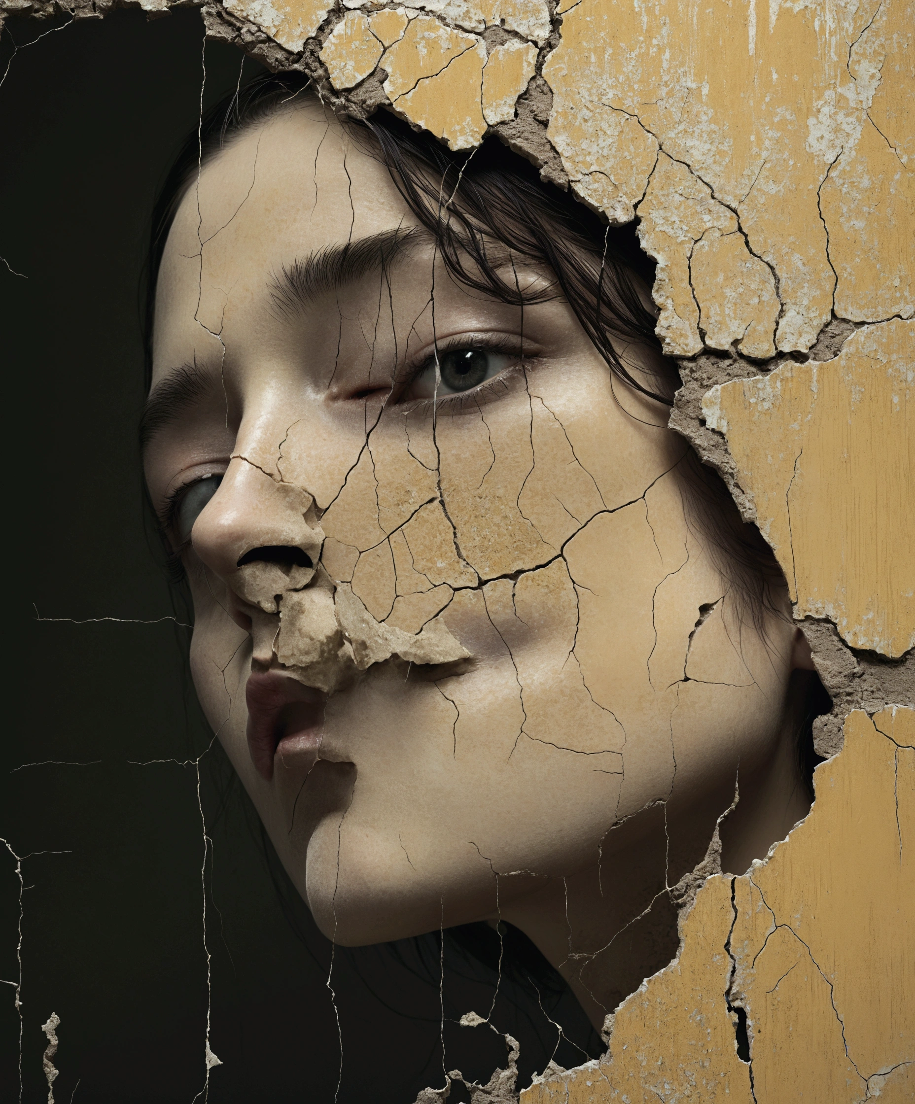 A photo of a wall with a woman&#39;s face torn, Alessio Albi, Cracked porcelain face, Anthony Pittsott, Scars on the face, melancholy face, weathered face, Brad Kunkel Details, author：Kurt Roesch, By Micha Klein, stefan gesell, Veiled, Rotten face