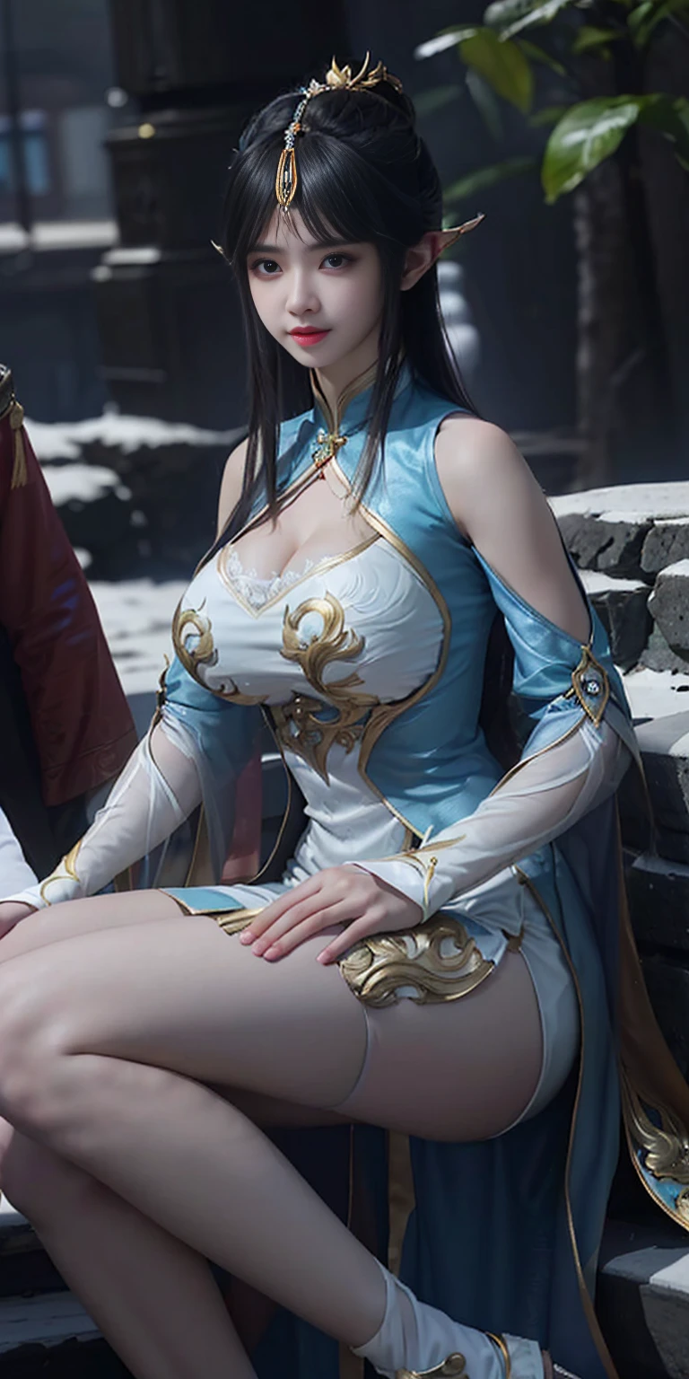 masterpiece), best quality, expressive eyes, perfect face, beautiful eyes, hair bangs, cleavage, beautiful cute girl, focused eyes, super detailed, UHD, huge breasts, perfectly round breasts, breast implants, Feng Qing Er, 1girl, hair ornament, solo, pointy ears, cultivation dress, black hair, long hair, clothing cutout, bare shoulders, blue and white dress, gold clothes trim, gold jewelry, Feng Qing Er, 1girl, hair ornament, solo, pointy ears, cultivation dress, black hair, long hair, clothing cutout, bare shoulders, blue and white dress, gold clothes trim, gold jewelry, sit, smooth white thighs, cleavage