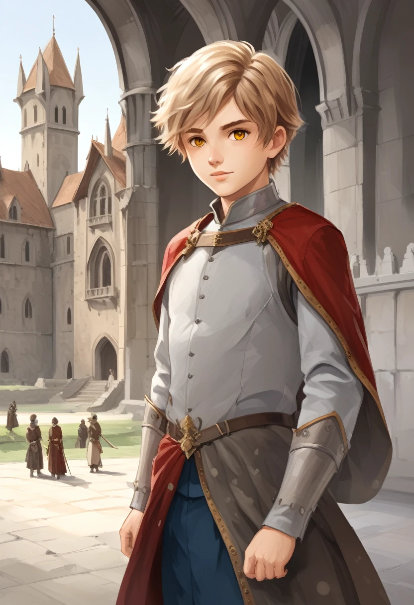 young boy, short hair with highlights, light brown hair color, yellow eyes, medieval aristocrat clothes, in front of a main castle of a medieval university, several people with staffs and dressed as wizards around the landscape, focus on the boy, view of the castle in the distance glimpsed by the young man.