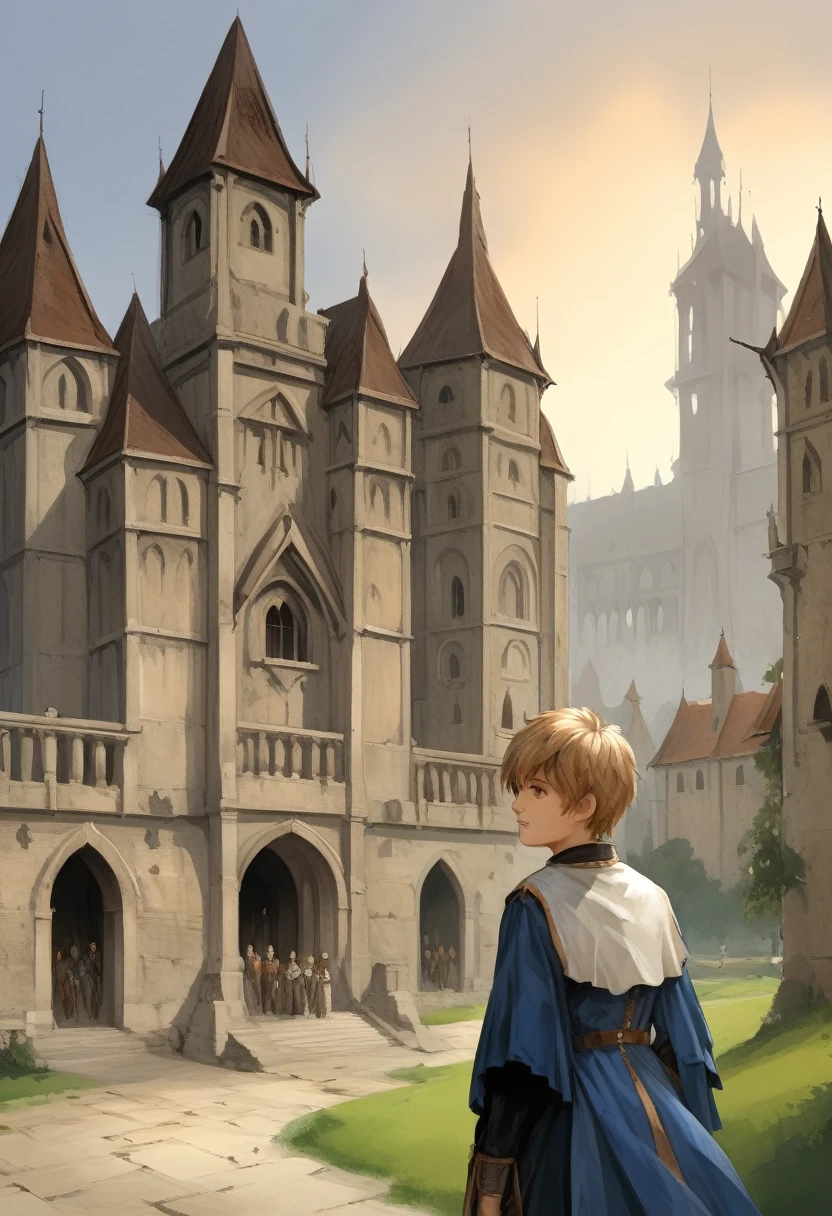 young boy, short hair with highlights, light brown hair color, yellow eyes, medieval aristocrat clothes, in front of a main castle of a medieval university, several people with staffs and dressed as wizards around the landscape, focus on the boy, view of the castle in the distance glimpsed by the young man.