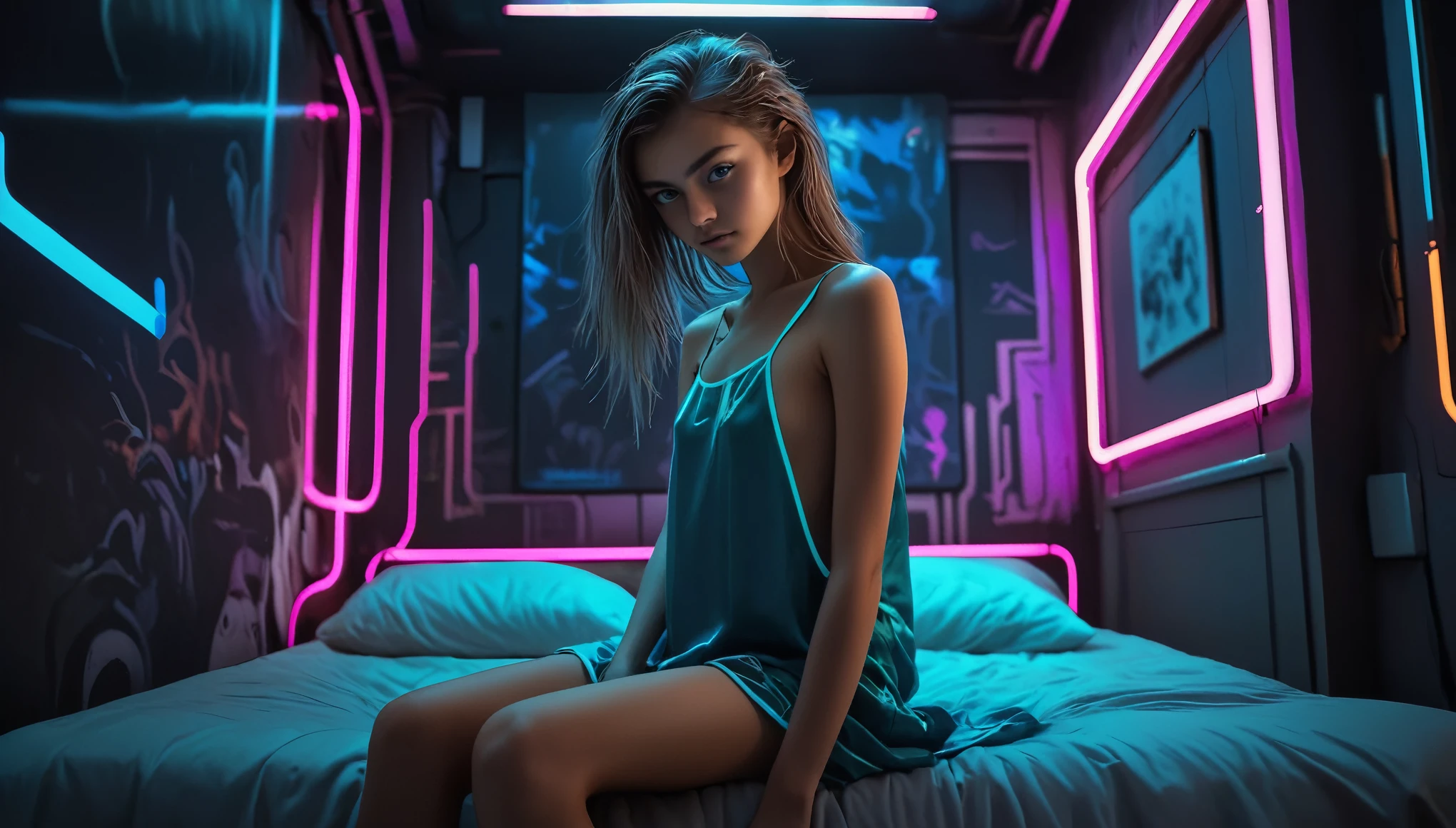 Top Quality, Masterpiece, High Resolution, 8k, (((cute skinny barely legal girl in oversized silky babydoll with plunging neckline, wide neckline, deep neckline, small perky breasts, beautiful detailed eyes, beautiful detailed lips, small closed mouth, extremely detailed face, pale skin, random long hair style, small hips, in cyberpunk apartment, next to a bed))), moody atmosphere, dramatic and random neon colors, futuristic setting, intricate details, at night, backlit, random neon color, full body shot, view from distance, random pose