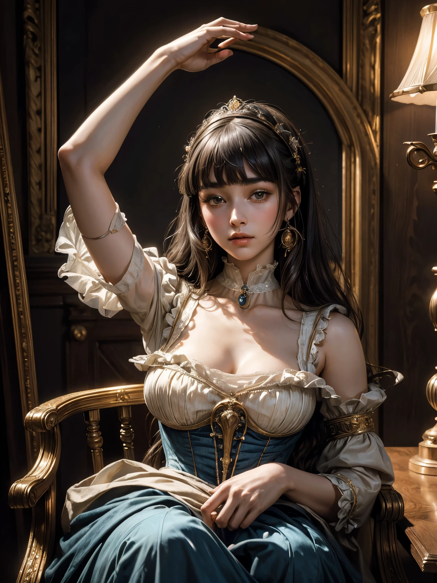  Armpit Show,((masterpiece:1.4, Highest quality)), (Realistic photos:1.4), (artwork), ((1 girl)), (Otherworldly beauty), (dream-like), (超High resolution:1.2), Very delicate and beautiful, wonderful, Very detailedな CG Unity 8k 壁紙, Very detailed, High resolution, Soft Light, Beautiful detailed girl, Very detailedな目と顔, Beautiful and detailed nose, Beautiful and detailed, (Dressed in 19th century Belgian costume:1.3), Cinema Lighting, Perfect Anatomy, Slender body, (Parted bangs), (Vermeer&#39;Portrait of a Girl:1.5), (Subject of the painting), (Picture background), Cowboy Shot