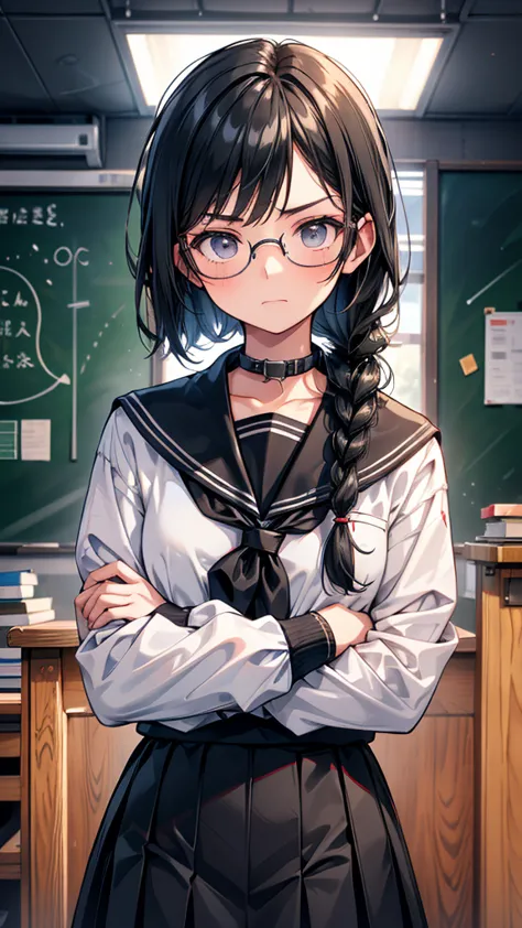 high school student　mature　braid on right shoulder　black hair　expensive　narrow eyes　glasses　expressionless　glare　frivolous attit...