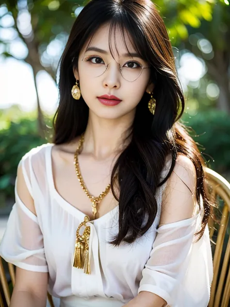 close-up, sitting on a chair, gorgeous young korean woman, 1 girl 30 yeas old,　(middle hair, brown hair, fringe,  tears, thin ou...