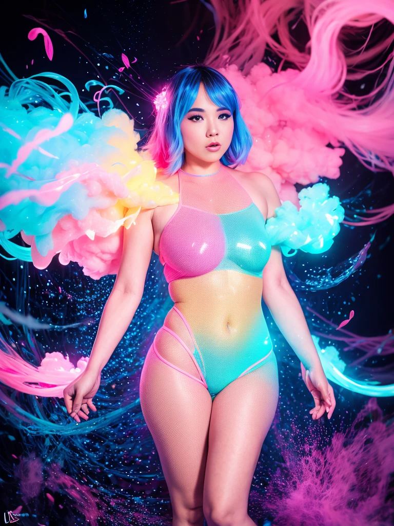 full body beautiful young woman illuminated by colorful lights photorealistic background bright colors Luminous neon pink and blue neon glitter dust background with pink and blue smoke vapor cinematic photorealistic