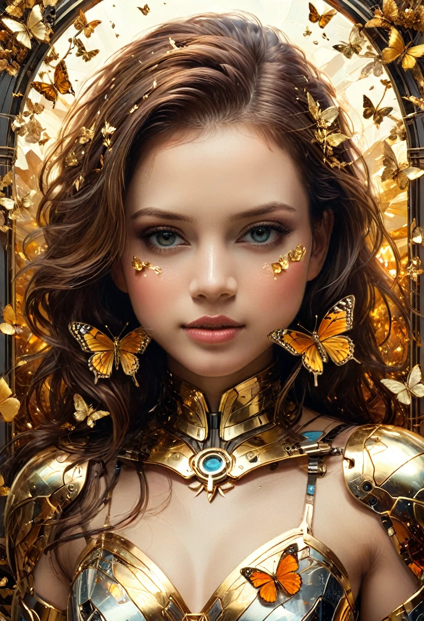 8k portrait of beautiful cyborg with brown hair, intricate, elegant, highly detailed, majestic, digital photography, art by artgerm and ruan jia and greg rutkowski surreal painting gold butterfly filigree, broken glass, (masterpiece, sidelighting, finely detailed beautiful eyes: 1.2), hdr, (detailed background window to a new dimension, plants and flowers:0.7) infinity, infinite symbol,