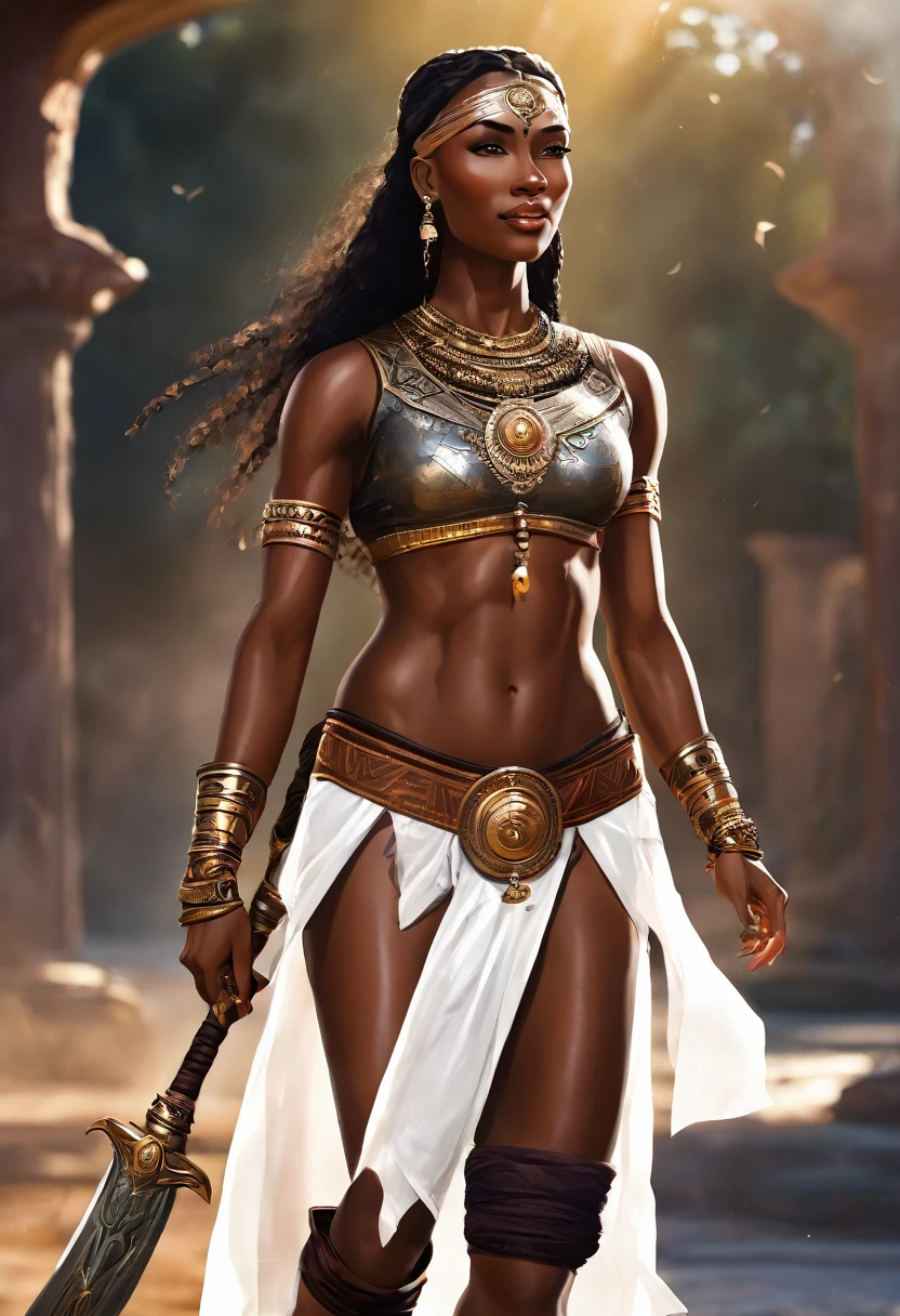 A قوي blessed warrior goddess with an attesctive athletic physique, ألوان البشرة المختلفة, جنسي, قوي, أَخَّاذ, ابتسامة المحبة, مشع 