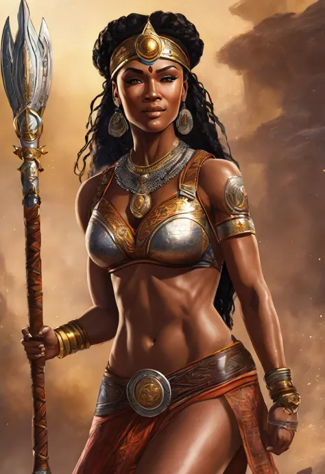 A strong blessed warrior goddess with an attesctive athletic physique, various skin colors, sexy, strong, charming, loving smile...