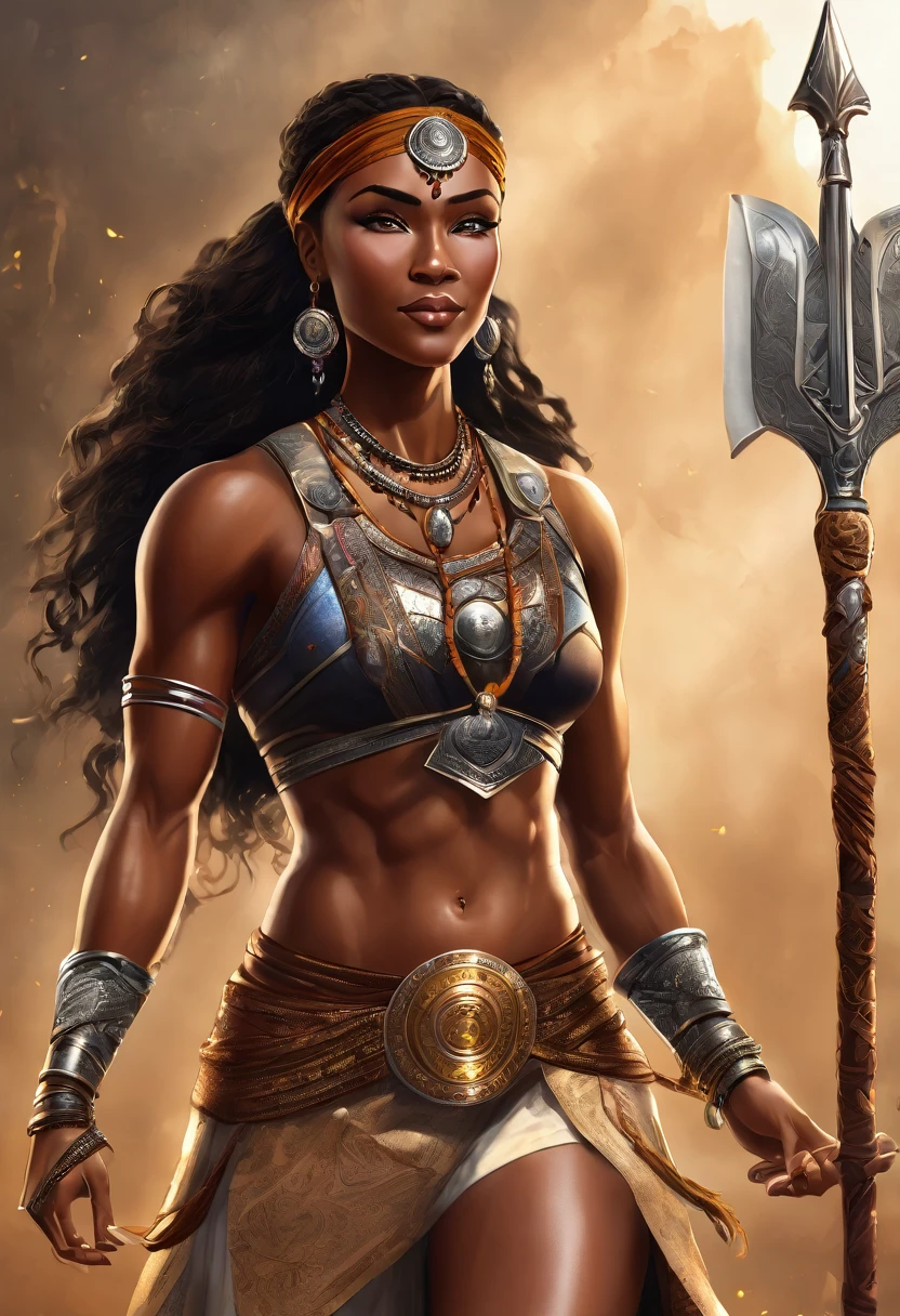 A قوي blessed warrior goddess with an attesctive athletic physique, ألوان البشرة المختلفة, جنسي, قوي, أَخَّاذ, ابتسامة المحبة, مشع 