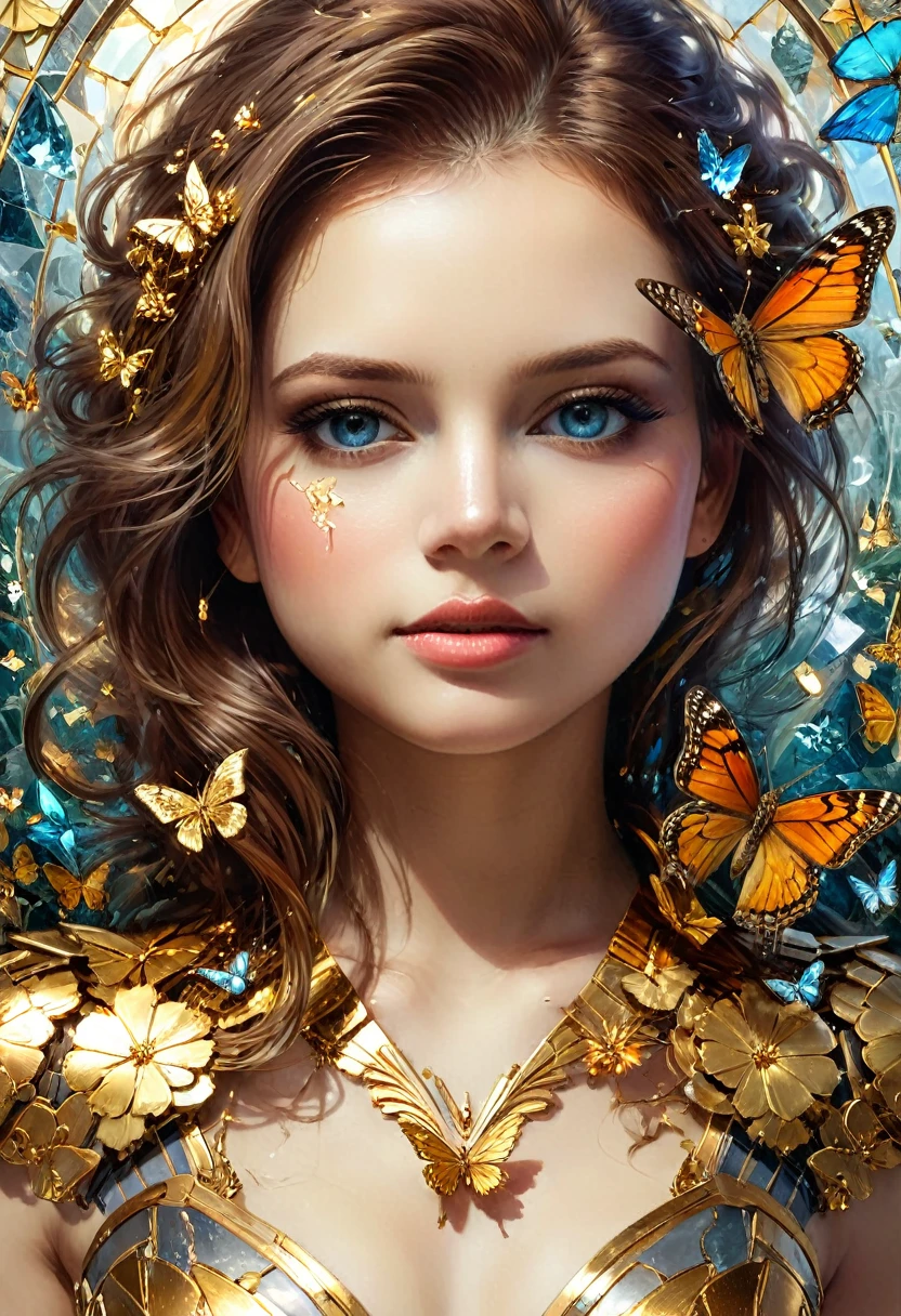 Retrato 8k de um lindo ciborgue com cabelo castanho, Intrincado, elegante, Altamente detalhado, majestoso, Fotografia digital, arte de artgerm e ruan jia e greg rutkowski pintura surreal filigrana de borboleta dourada, vidro quebrado, (obra de arte, iluminação lateral, lindos olhos finamente detalhados: 1.2), HDR, (janela de fundo detalhada para uma nova dimensão, plantas e flores:0.7) Infinidade, símbolo infinito,