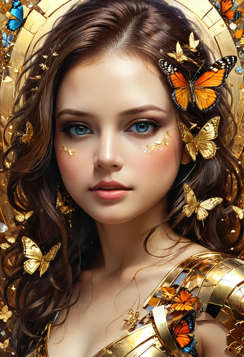 Retrato en 8k de un hermoso cyborg con cabello castaño, Intrincado, elegant, muy detallado, majestuoso, Fotografía digital, arte de artgerm y ruan jia y greg rutkowski pintura surrealista filigrana de mariposa dorada, vidrio roto, (obra maestra, iluminación lateral, hermosos ojos finamente detallados: 1.2), hdr, (ventana de fondo detallada a una nueva dimensión, plantas y flores:0.7) infinidad, símbolo infinito,