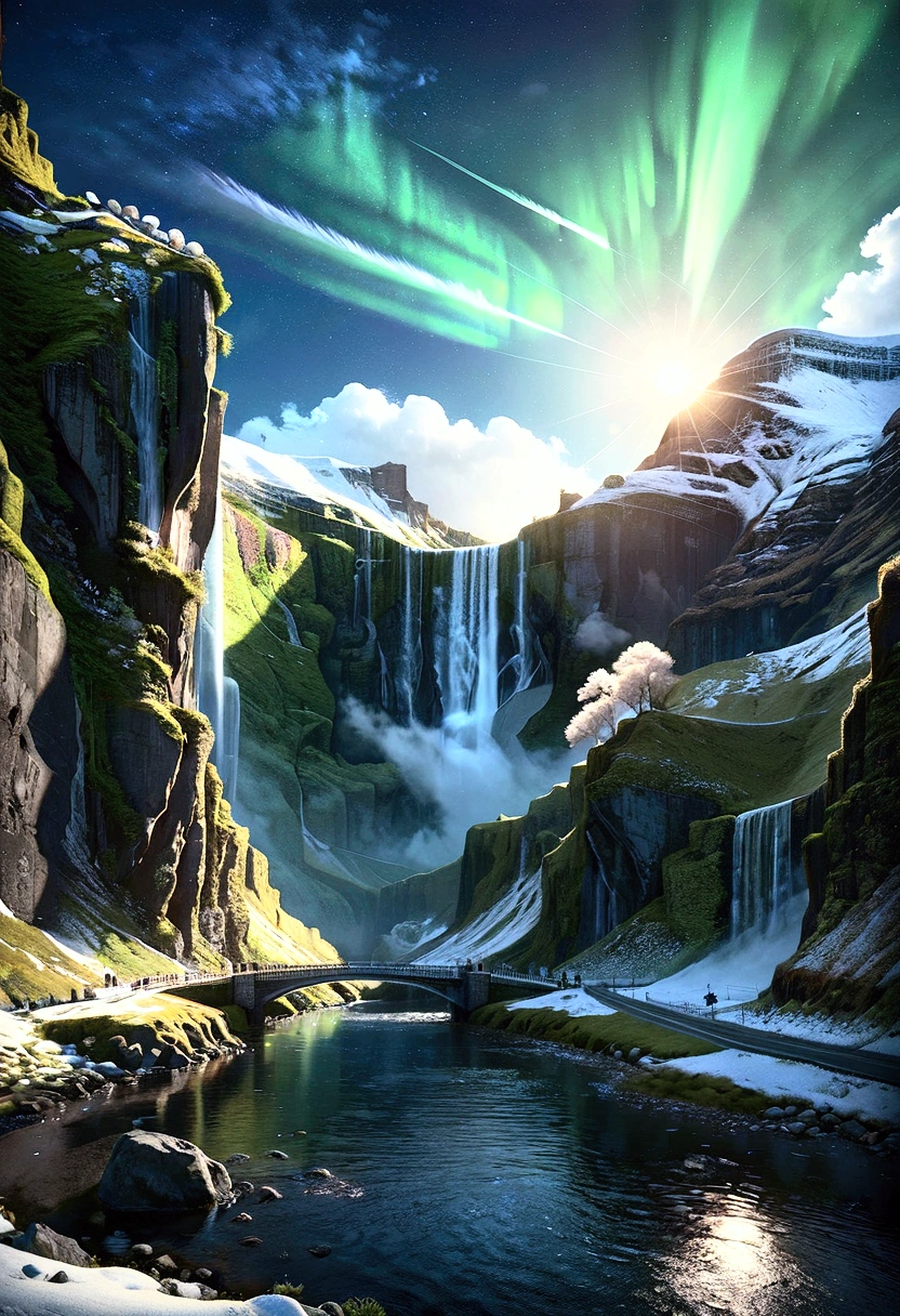 Giant waterfall_realistic fine details, EbonyGoldAI masterpiece, best quality, high quality, high resolution, (((beautiful detailed sky))), awesomeeur, country house, wonderful(magnificent, gorgeous), view(see), great view, high definition, ((best shadows)), realistic, nature, snow, landscape, clouds, snow capped mountains, rocks, hills, cliffs, trees, footpath, Iceland night sky_aurora, moonlight, ((highly detailed)), (surreal very fine details), ((very detailed and beautiful)), dynamic angle, river, best quality image quality, quiet, clear,