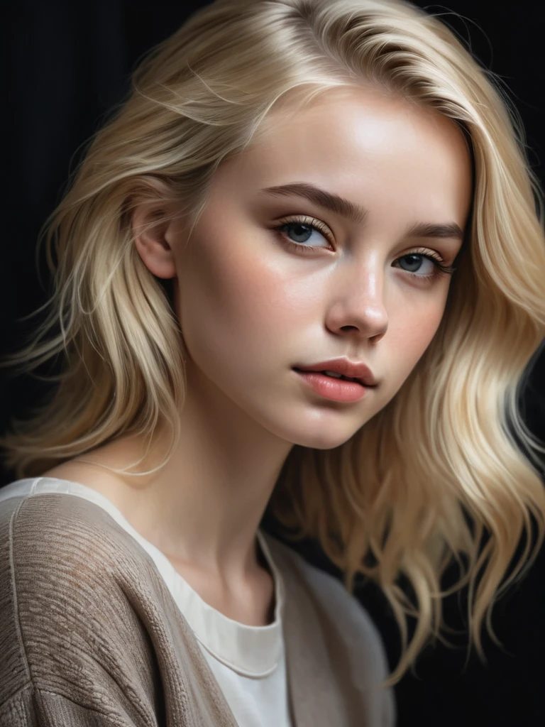 une jeune femme, blond, Thème sombre, tons apaisants, couleurs sourdes, Contraste élevé, (texture naturelle de la peau, Hyperréalisme, Lumière douce, POINTU)
