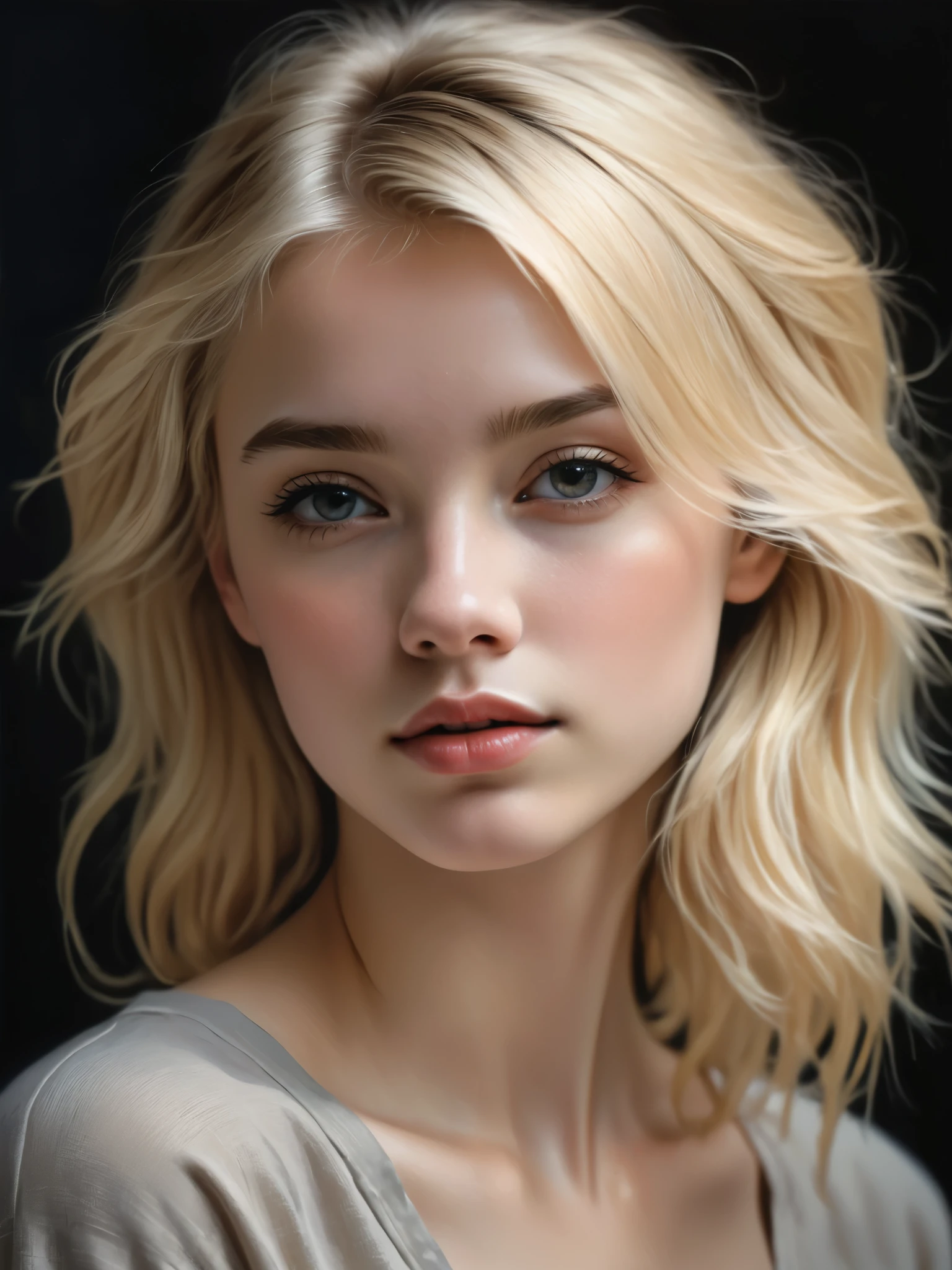 une jeune femme, blond, Thème sombre, tons apaisants, couleurs sourdes, Contraste élevé, (texture naturelle de la peau, Hyperréalisme, Lumière douce, POINTU)
