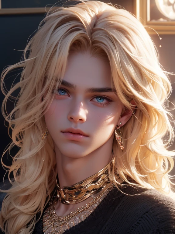 The magical look of a boy with wavy blond hair, Rainbow eyes , sparkling eyes ! just sparkles from the eyes - such a piercing look !! dark skin, Cute boy, boy with a beautiful face, Realistic anime style, the boy looks like a KPOP idol . Mysterious magic surrounds him !