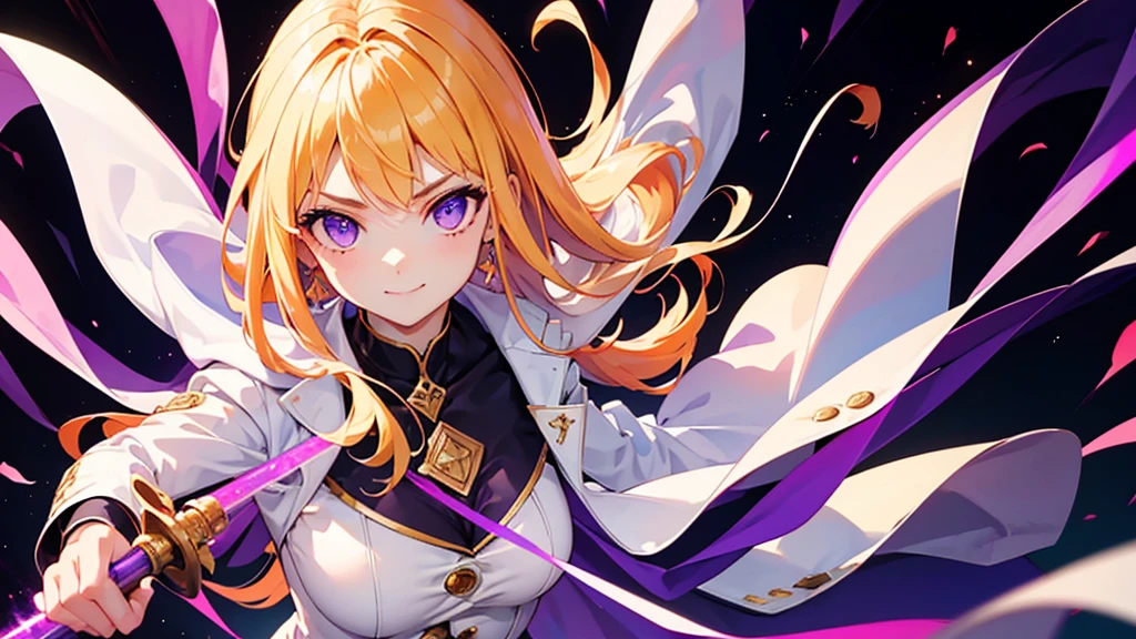 Highest quality,((Highest quality)),((Tabletop)),((Perfect Face)),1 girl.White and purple dress,White jacket,With a cane,Have a weapon,The flames flicker,Blonde,Purple eyes,smile,beauty,((Holographic))