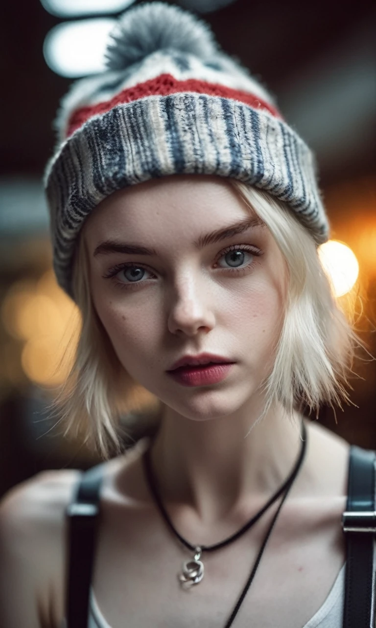 Thorough,analog style,eye focus,highest quality,(highly detailed skin),photo of an exquisitely beautiful pale skin punk Dutch girl,21yo,(wearing harness, and beanie),perfect face,alluring eyes,[seductive makeup],skin pores,(piercing:0.5),indoor,messy bedroom,(bokeh:0.6),sharp focus,dappled lighting,(backlighting:0.7),film grain,photographed on a Sony A7R IV,18mm F/1.7 cine lens,(highly detailed, intricately detailed),8k,HDR,seductively posing,front view,(upper body:0.9),