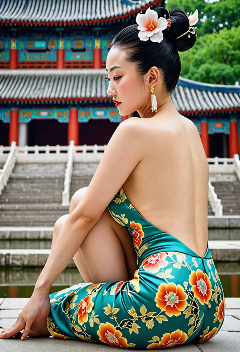 A side view of a Chinese empress on all fours, a close-up of her buttocks. The background is the stone paving outside the Chinese palace of the Qing dynasty. She is on all fours, with her hands on her chest, her big buttocks exposed, her thighs sticking out, her legs open and touching the ground, she is not wearing underwear, her buttocks sticking out are floating up.　　　　　　　　　　　　　　　　　　　　　　　　　　　　　　 Her hair is decorated with a large, flashy flower.　 The back of the hair is tied up and up.　Erotic Woman