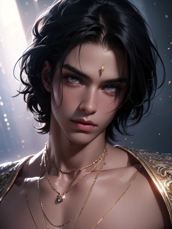 The magical look of a boy with wavy black hair, Rainbow eyes , sparkling eyes ! just sparkles from the eyes - such a piercing look !! dark skin, Cute boy, boy with a beautiful face, Realistic anime style . Mysterious magic surrounds him !against the backdrop of the universe , with flashing lightning