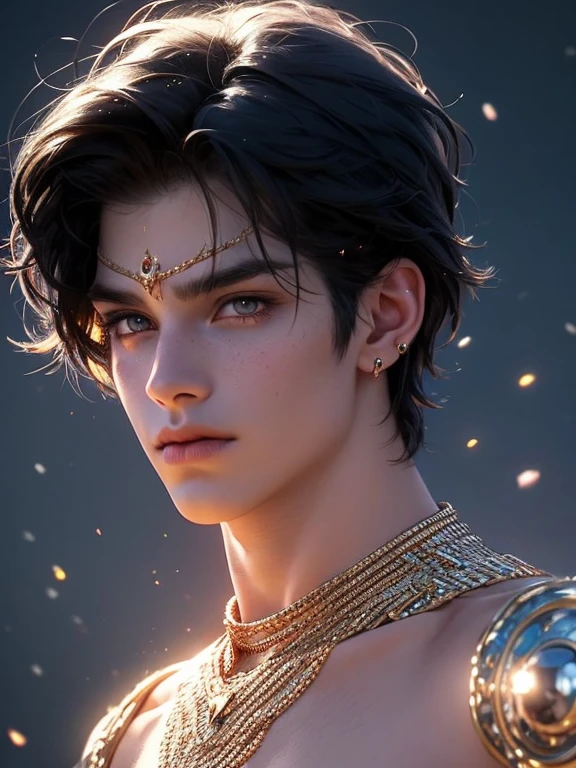 The magical look of a boy with wavy black hair, Rainbow eyes , sparkling eyes ! just sparkles from the eyes - such a piercing look !! dark skin, Cute boy, boy with a beautiful face, Realistic anime style . Mysterious magic surrounds him !against the backdrop of the universe , with flashing lightning