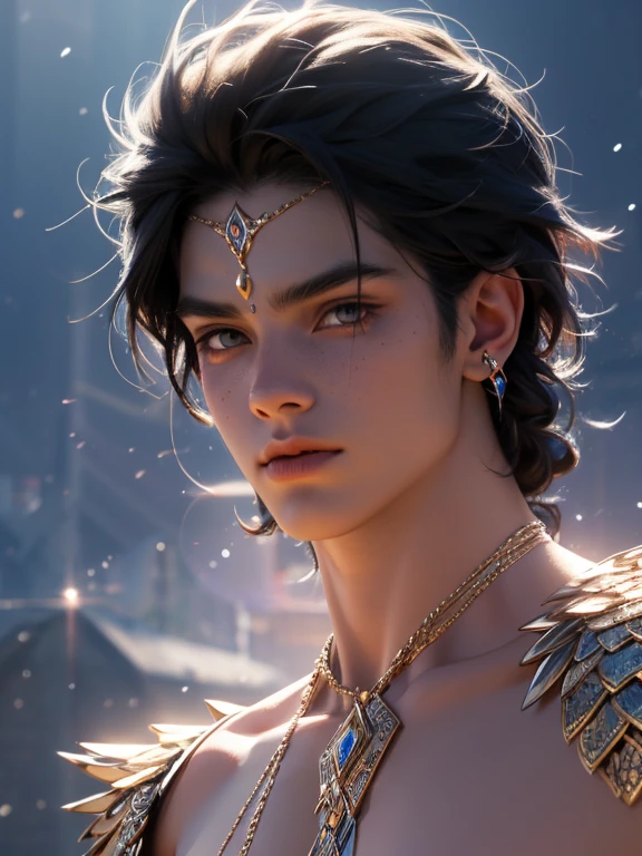 The magical look of a boy with wavy black hair, Rainbow eyes , sparkling eyes ! just sparkles from the eyes - such a piercing look !! dark skin, Cute boy, boy with a beautiful face, Realistic anime style . Mysterious magic surrounds him !against the backdrop of the universe , with flashing lightning