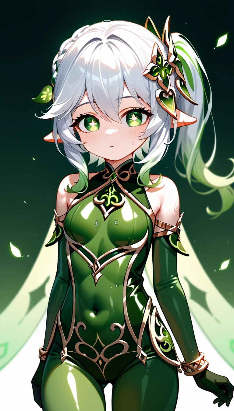 (masterpiece, Highest quality, Ultra-high resolution), 1girl, Genshin Impact, Nahida, green eyes, symbol-shaped pupils, , jewelry, bracelet, multicolored hair, side ponytail, hair ornament, pointy ears, gradient hair, green hair, white hair, cross-shaped pupils, hair between eyes, cute face, Anime face, Glossiness, shiny, whole body slimy, Sweat, Stuffy, steamy, Glossiness, ( green latex bodysuit), cyber pattern on suit, The clothes fit perfectly, latex suit has a strong metallic sheen, warm backlight,