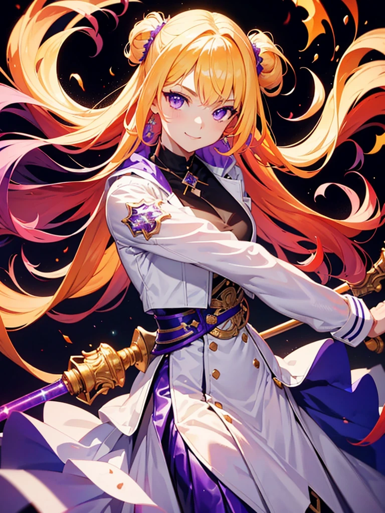 Highest quality,((Highest quality)),((Tabletop)),((Perfect Face)),1 girl.White and purple dress,White jacket,With a cane,Have a weapon,The flames flicker,Blonde,Purple eyes,smile,beauty,((Holographic))