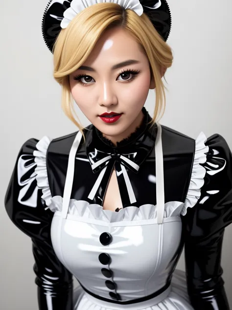 masterpiece, best quality, professional detailed photo of (blonde korean beauty:1.3) wearing (glossy latex victorian maid dress:...