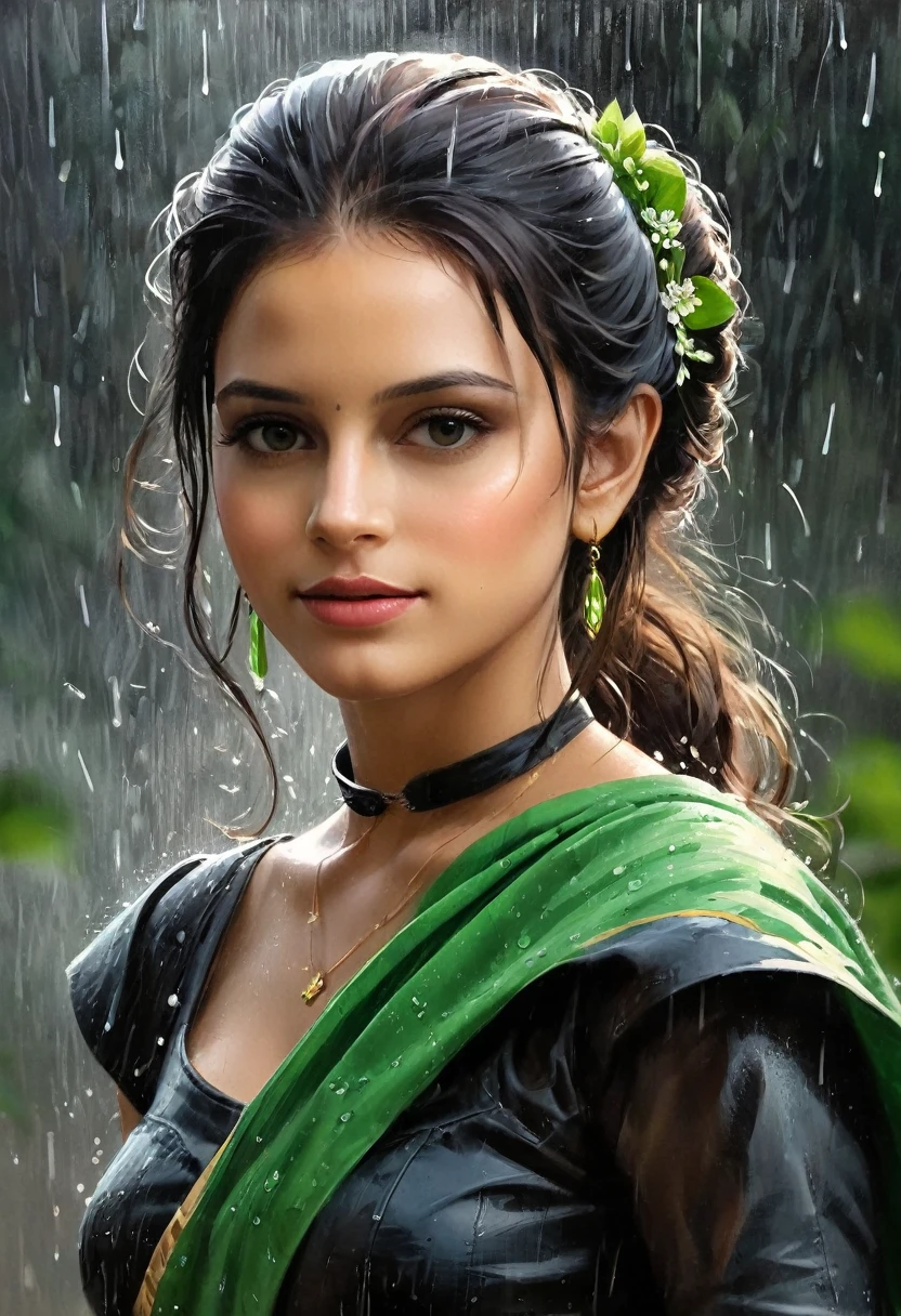 Retrato de 8k de una hermosa mujer con blusa verde sin mangas y hombros descubiertos, brazaletes verdes, mamá pronto, lluvia, horizonte fluorescente, Pintura de campo de color, sensación de profundidad e intriga, pinceladas digitales, La elegancia de los detallados dibujos al carboncillo de Jeremy Mann. , ilustraciones Arte de Giovanni Boldini, Bastien Lecouf-Degarme, Carn Griffiths, Y. Abramzon, Rafael, Caravaggio, Coby Whitmore , Tiziano, leonardo da vinci, 8K hiperrealista