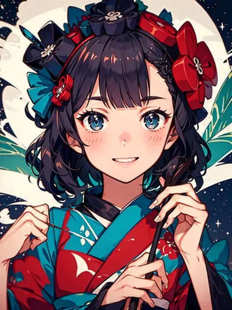 hokusai,highest quality,((highest quality)),((tabletop)),((perfect face)),1 girl,smile,beauty,((holographic))