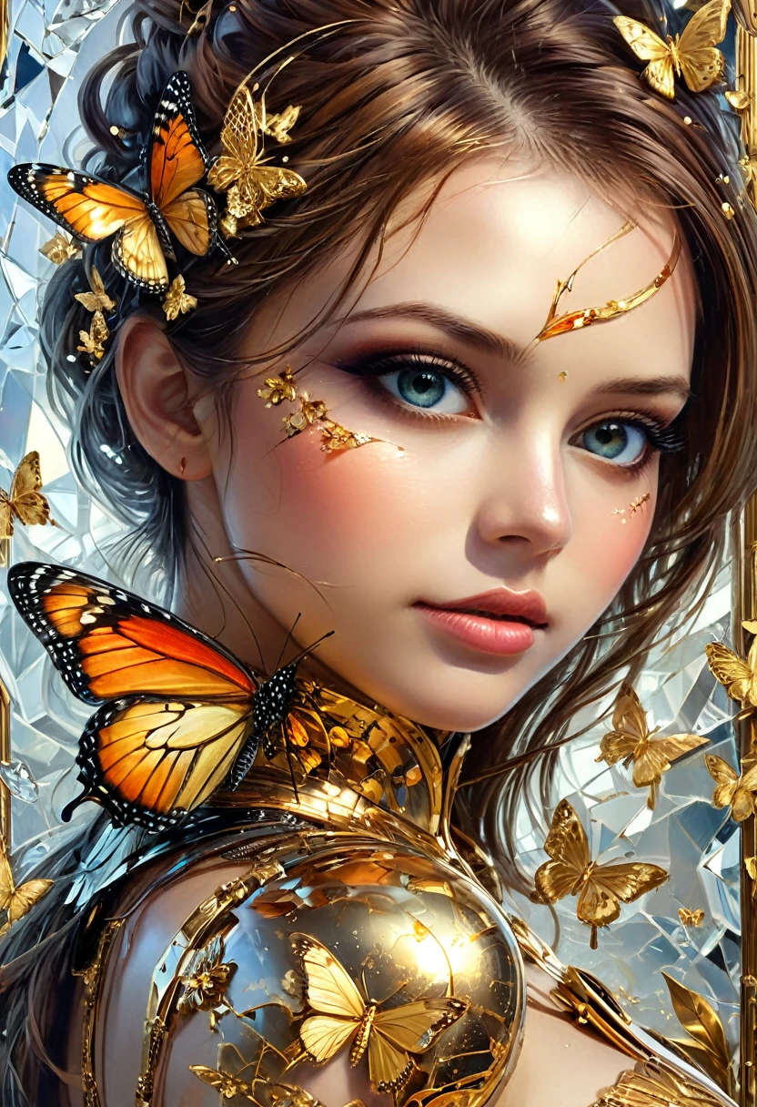 Portrait 8k d&#39;un beau cyborg aux cheveux bruns, complexe, élégant, très détaillé, majestueux, la photographie numérique, art par artgerm et ruan jia et greg rutkowski peinture surréaliste filigrane de papillon d’or, verre brisé, (chef-d&#39;œuvre, éclairage latéral, de beaux yeux finement détaillés: 1.2), HDR, (fenêtre d&#39;arrière-plan détaillée vers une nouvelle dimension, plantes et fleurs:0.7) infini, symbole infini,