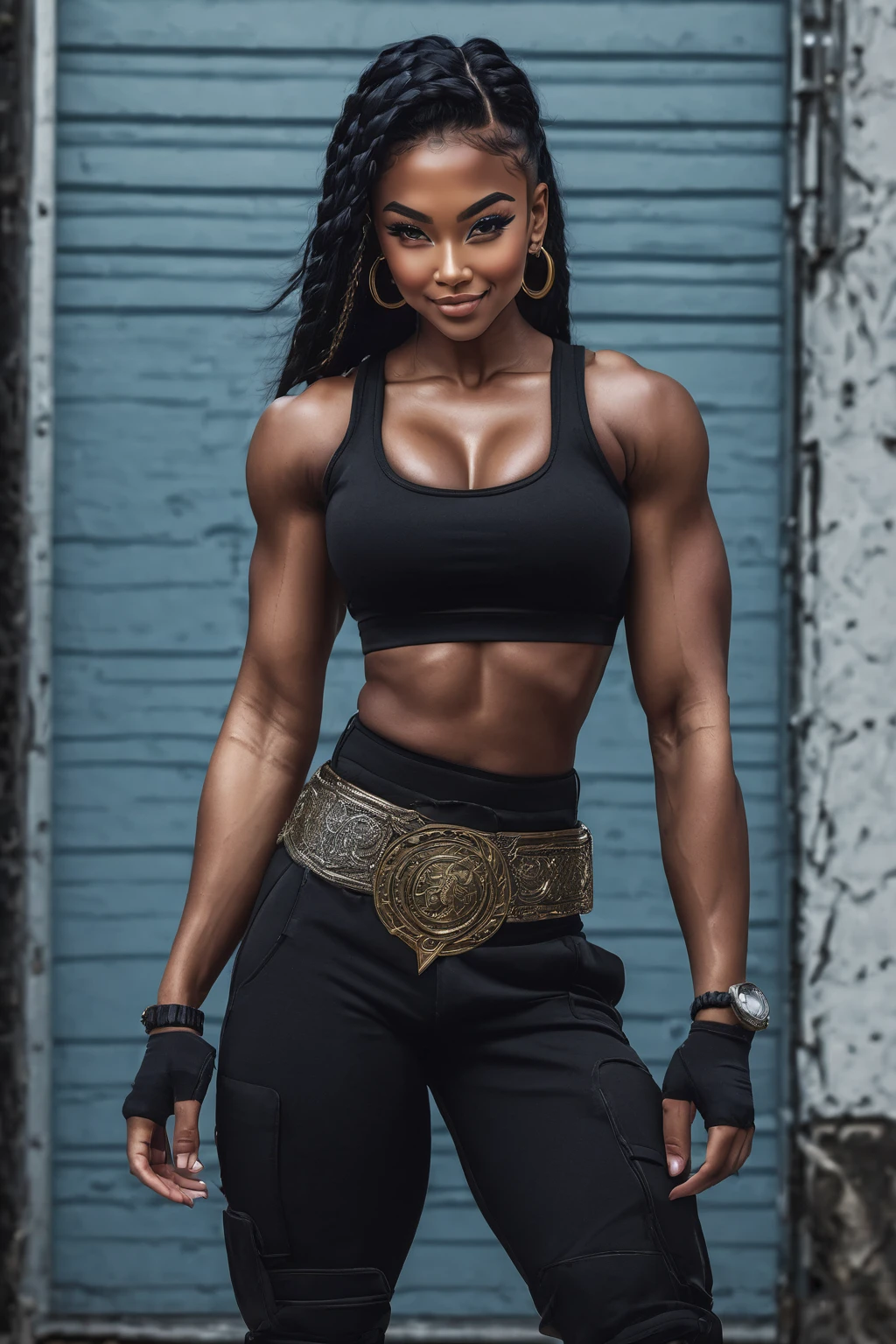 A strong blessed warrior goddess with an athletic physique, various skin colors, sexy, strong, charming, loving smile, radiant, streetwear. 4k photo, high quality photo, anime vibe, art, luxury style streetwear, dressed in black